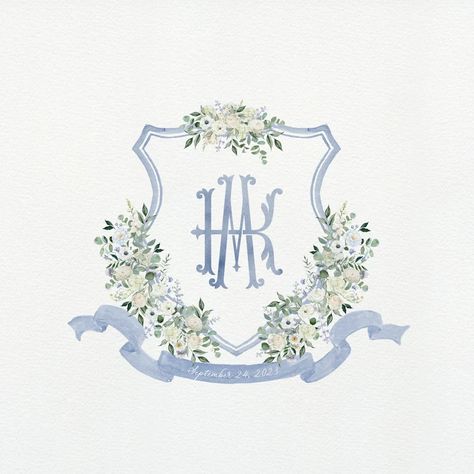 Blue and White Wedding Crest Monogram Crest Golden | Etsy Garden Roses Wedding, Wedding Crest Monogram, Watercolor Crest, Monogram Letter S, Save The Date Digital, Crest Monogram, Hydrangea Wedding, Watercolor Monogram, Wedding Crest