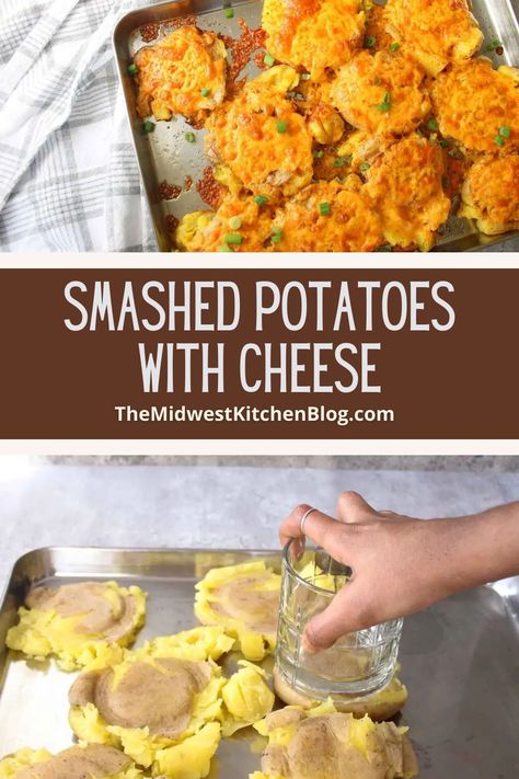 Crispy smashed potatoes with cheese are an easy and delicious potato side dish! Perfect for game days or parties these smashed potatoes are crispy and loaded with melty cheese and tangy sour cream! Cheesy Smashed Red Potatoes, Smashed Potatoes With Cheese, Smashed Baby Potatoes, Smashed Potatoes Baked, Potatoes With Cheese, Midwest Kitchen, Tailgating Ideas, Smashed Potatoes Recipe, Potato Side Dish