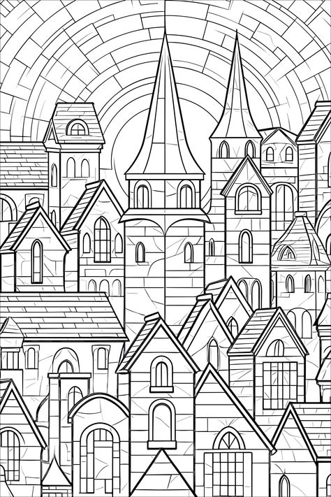 Medieval Town Drawing, Mosaic Coloring Pages, Towers Architecture, Stained Glass Coloring Pages, Town Drawing, Garden Coloring Pages, Abstract Coloring Pages, Stitching Ideas, Detailed Coloring Pages