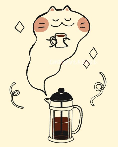 The spirit of fresh French press coffee ☕️✨ . #illo #sketch #doodle #cat #catlover #illustration #cutecat #coffeetime #coffeeholic #catlove #coffeelovers #cozy #frenchpress #freshlybrewed #digitalillustration #procreate #ipadart #kitty #catto #draweveryday #drawdaily #sketch_daily #stickerart #illust #illustree #illustrationartists #catillustration French Press Illustration, Press Illustration, Cat With Coffee, Coffee Doodle, Coffee Illustration, French Press Coffee, Ipad Art, Illustration Artists, Cat Illustration