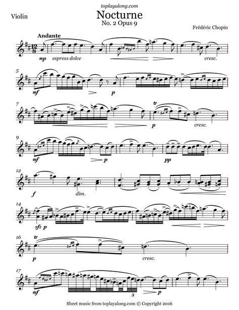 Nocturne No. 2 Op. 9 by Chopin. Free sheet music for violin. Visit toplayalong.com and get access to hundreds of scores for violin with backing tracks to playalong. Violin Notes, Chopin Nocturne, Free Violin Sheet Music, Alto Saxophone Sheet Music, Sheet Music With Letters, Fiddle Music, Cello Sheet Music, Saxophone Sheet Music, Learn Violin