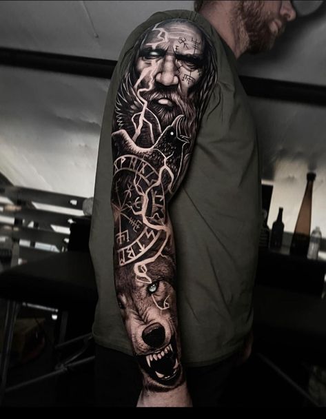 Norse Tattoo Sleeve Vikings, Nordic Mythology Tattoo Sleeve, Nordic Full Sleeve Tattoo, Norse Leg Sleeve, Thor Sleeve Tattoo, Irish Viking Tattoos For Men, Norse Mythology Tattoo Men, Viking Arm Sleeve Tattoo, Viking Sleeve Tattoo Design