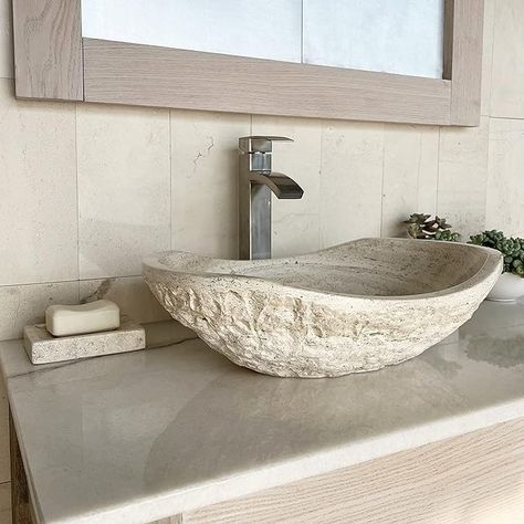 EDUPET Tan Travertine Chiseled Stone Bathroom Vessel Sink - Oval Canoe Shape - 100% Natural Marble, Hand Carved - Free Matching Soap Tray - Amazon.com Travertine Bathroom, Bathroom Decor Luxury, Stone Bathroom, Rustic Bathroom Decor, Travertine Stone, Stone Basin, Rustic Bathrooms, Soap Tray, Vessel Sink Bathroom