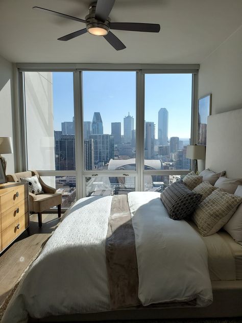 High Rise Apartment Aesthetic Bedroom, Modern High Rise Apartment, Married Bedroom Ideas, Homely Decor, My Own Apartment, New York Bedroom, Condo Bedroom, Apartment View, High Rise Apartments