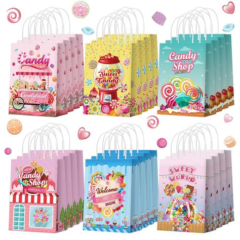 PRICES MAY VARY. Ideal Size and Package: this package includes 24 candy party favor bags with handles in 6 different styles, giving variety for your occasion; Our candy themed party bags come in a comfortable size of about 8.3 x 5.9 x 3.15 inches/ 21 x 15 x 8 cm, and can comfortably hold party supplies or small gifts Quality Material: our candy goodie bags are made of kraft paper, ensuring strength and durability; They are reusable, economically friendly, and can endure multiple usages without a Lollipop Birthday, Baby Shower Party Decor, Bags For School, Candy Themed Party, Baby Candy, Candy Sweet, Candyland Party, Candy Party Favors, School Birthday