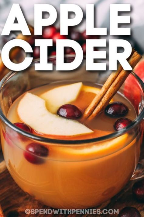 The spicy, warm flavors of this hot apple cider are sure to chase those fall or winter chills away. Some apple cider and a collection of spices are simmered on the stove for a warming and unforgettable drink. Spike this cider with a little rum and easily turn it into a comforting evening drink of hot toddy. #hotapplecider #hotappleciderrecipe #besthotapplecider #spendwithpennies Stove Top Hot Apple Cider, Hot Toddy Recipe Apple Cider, Homemade Hot Apple Cider, Hot Apple Cider Recipe, Cranberry Cider, Apple Pie Bread, Hot Toddies Recipe, Apple Drinks, Apple Cider Recipe