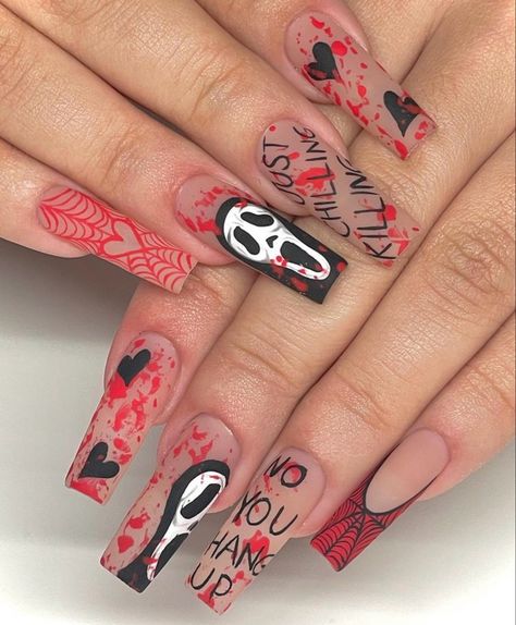 By @miaminailstudio Ghostface Nails Coffin, Tornado Nails Design, Hawolleen Nails, Horror Nail Art Designs, Horror Nail Ideas, Ghost Face Halloween Nails, Ghostface Nail Designs, Ghost Face Nail Designs, Fancy Halloween Nails