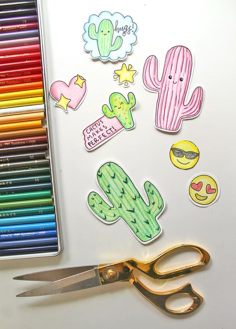 Diy Stickers Ideas Draw, Drawing Made Easy, Cactus Drawing, Homemade Stickers, Drawing Ideas Easy, Calligraphy Cards, Flower Symbol, Diy Xmas Gifts, How To Make Stickers