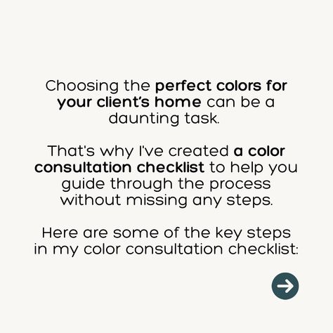 Choosing the perfect colors for your home can be a daunting task. That’s why I’ve created a color consultation checklist to help you guide your clients through the process. Here are some of the key steps in my color consultation checklist: 1. Understand the client’s style preferences: Before diving into color swatches, it’s crucial to understand your client’s personal style and preferences. Discuss their favorite colors, inspirations, and the overall aesthetic they envision for their space.... Architect Photoshoot, Create A Color Palette, Designer Paint Colors, Overall Aesthetic, Color Consultation, Colour Consultant, My Color, Architectural Details, The Client