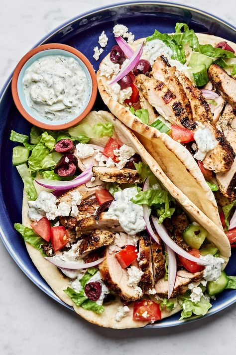 You’ll adore this easy chicken gyros recipe, which you can dress up for company with a whole Greek spread with tzatziki, olives, hummus and pita, or serve in a wrap for a quick, easy dinner. Easy Chicken Gyros, Chicken Gyros Recipe, Hummus Pita, Gyros Recipe, Mediterranean Chicken Recipes, Chicken Gyro Recipe, Shawarma Spices, Hummus And Pita, Harissa Chicken