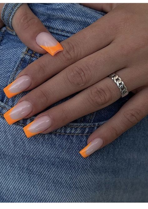 Short Orange French Tip, Orange French Tip Nails Coffin, Orange French Tip Coffin, Nail Inspo Summer Orange, Tangerine Nails Design, September Nails Square, Summer French Nails 2024, French Nails Colour, Summer Nails Medium Length