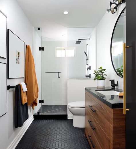 Shower Toilet Sink Combo Small Spaces, West Of Main Bathroom, Guest Bathroom Black Fixtures, Small Black Hexagon Tile Bathroom Floor, Bathroom Remodel Guest, Small Shower With Toilet Ideas, Small Bath Update, Bathroom Navy Tile, Black Tile Natural Wood Bathroom