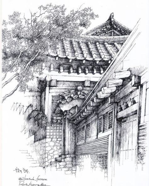 Architectural Sketches by Park Kwang Hee Architecture Drawing Presentation, Ink Pen Art, Architecture Drawing Sketchbooks, Architecture Drawing Plan, Urban Sketches, Interior Architecture Drawing, Architectural Sketches, Asian Architecture, Landscape Sketch