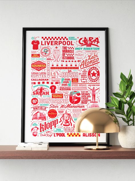 A typographic poster featuring famous characters, achievements and events in the history of Liverpool FC. This poster print would make the perfect gift for any Liverpool supporter, whether it be your dad, your boyfriend or a best friend. It features legendary figures of the club such as Bill Shankly, Bob Paisley, Ian Rush, King Kenny, Mo Salad and Steven Gerrard. This is a piece of Liverpool FC Wall Art packed with important fan references. Bob Paisley, Bill Shankly, Liverpool Gifts, King Kenny, Ian Rush, Liverpool Poster, Football Artwork, Liverpool History, Famous Characters