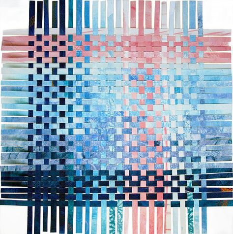 Blue Pink Paper Weaving ©2016 - Original Handwoven Decor- Mixed Media Paper Art- Pantone 2016, Modern Abstract Art. The color of the sea and sky with touches of pink and white. A Pantone trend this year. This square can be framed as shown or at an angle like a diamond. Paper weavings are something I love to create, whether I am up-cycling a previous piece or creating surfaces and textures on paper specifically to weave. SIZE: 11 x 11 inches (27.94 cm.) Can be matted or mounted. I have spra... Paper Weaving, Decoration Originale, Weaving Textiles, Cool Stuff, Pink Paper, Weaving Projects, Collage Paper, Woven Paper, Weaving Art