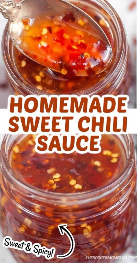 This homemade sweet chili sauce from the Soccer Mom Blog is amazing! It is sweet, spicy, and full of flavor. It is best served as a dipping sauce for your favorite food. Try it this weekend! Homemade Sweet Chili Sauce, Sweet Chili Sauce Recipe, Chili Sauce Recipe, Homemade Sauce Recipes, Homemade Condiments, Homemade Spices, Homemade Seasonings, Sweet Chilli, Sweet Chili Sauce