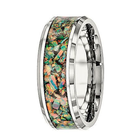 Metal: Two-tone stainless steelStone: Simulated green opalBand Width: 8mmGemstones may be treated and may require special care.Jewelry photos are enlarged to show detail. Stainless Steel Wedding Bands, Mens Band Rings, Red Opal, October Birthstone Rings, Mens Items, Stainless Steel Polish, Sparkling Rings, Green Opal, Mens Band