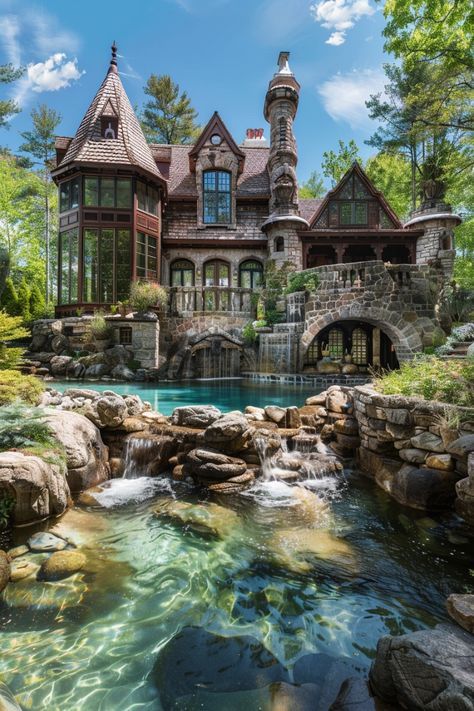 Houses In Hills, Beautiful Farm Homes Dream Houses, Pretty House In The Woods, Back Of House Design, Castle Aesthetic House, Different Architecture Styles, Moat Around House, Fairytale House Aesthetic, 60s Mansion