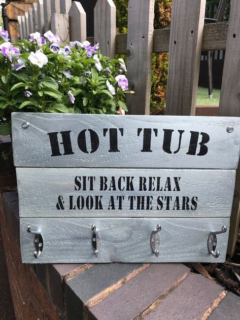 Hot Tub Towel Storage Ideas, Hot Tub Signs, Hot Tub Decorating, Hot Tub Bar, Hot Tub Room, Summertime Crafts, Hot Tub Deck, Hot Tub Backyard, Tub Time