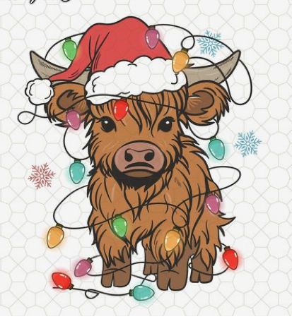 Christmas Highland Cow Wallpaper, Christmas Rabbit Drawing, Western Christmas Drawings, Christmas Cow Drawing, Christmas Cow Wallpaper, Xmas Stickers, Christmas Cows, Santa Hat Svg, Cow Christmas