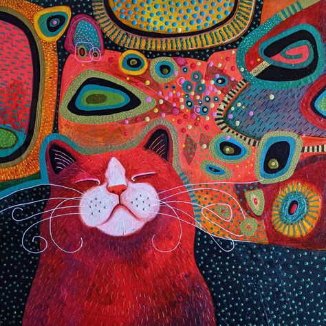 Sky Poster, Folk Art Cat, Pop Art Cat, Naive Painting, Lucy In The Sky, Orange Cats, Art Cat, Clear View, Cat Painting