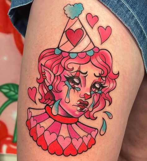 🍒 Sammy 🍒 on Instagram: "💘♥️ 𝔰𝔴𝔢𝔢𝔱𝔥𝔢𝔞𝔯𝔱 ♥️💘 how many hearts can u find? - thank u Valerie for getting this clown bb! - - - - #clown #clowncore #kawaii #pink #pinktattoo #kawaiitattoo #animetattoo #tattoo #kidcore #valentines #theeasttattoo #sammyvanhiggins" Pink Cherry Tattoo, Clown Core Tattoos, Pastel American Traditional Tattoo, Mr Blobby Tattoo, Kidcore Tattoo, Clowncore Tattoo, Clown Heart Tattoo, Pretty Clown Tattoo, Pink Traditional Tattoo