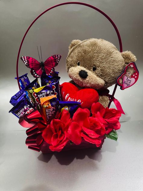 Teddy Bear Gift Hamper, Valentines Hamper, Teddy Bear Gift Basket, Bouquet Butterfly, Cadbury Chocolate Bars, Hamper Gift Basket, Red Basket, Teddy Bears Valentines, Cadbury Chocolate