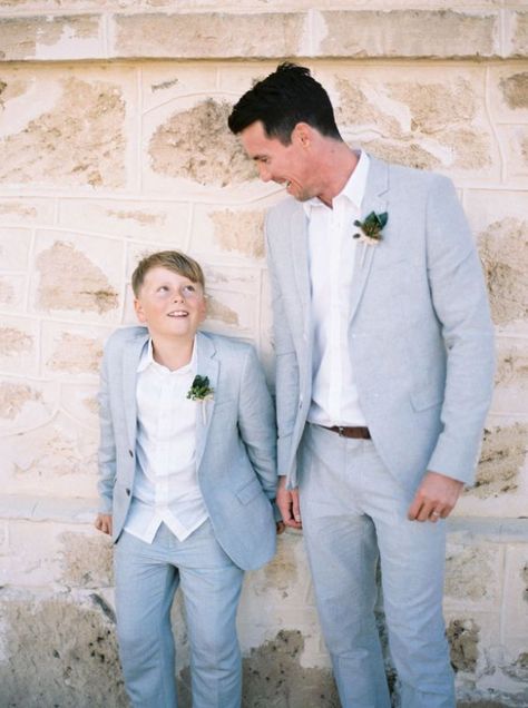 groom and his son in light grey with succulent boutonnieres #destinationwedding #destination #wedding #groom #attire Suit Homecoming, Succulent Boutonniere, Prom Suits For Men, Groom Wedding Attire, Wedding Tuxedo, Summer Formal, Linen Men, Men Suit, Prom Suits