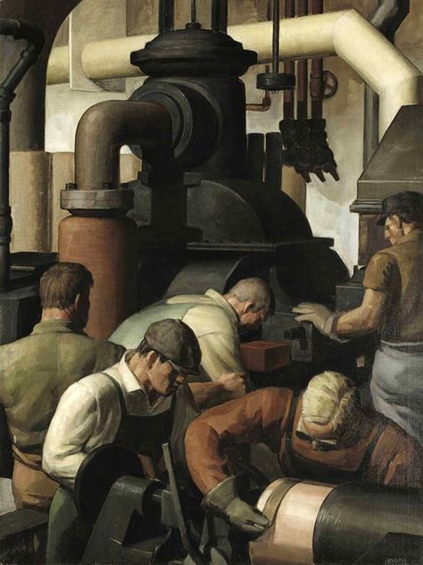 Machinists by Douglass Crockwell (American), oil on canvas, 1932 #Machinests #DouglassCrockwell Glens Falls New York, Genre Painting, Industrial Paintings, Propaganda Art, Nyc Skyline, Industrial Art, Environment Concept Art, Cool Paintings, Male Art