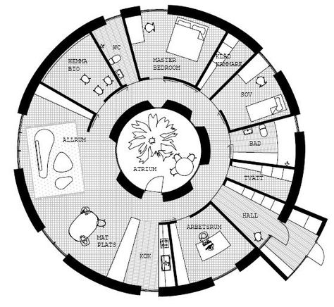 Round House Floor Plans, Round Homes, Cob House Plans, Dome Houses, Round House Plans, Floor Plans House, Atrium House, Office Concept, Earth Bag Homes