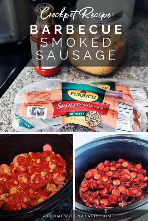 AD Quick and easy dinner option on the blog. Crockpot Barbecue Smoked Sausage! I used @EckrichMeats Smoked Sausage because it’s pairs nicely with whatever’s handy in your pantry so it’s always something we throw in our grocery cart! So many meal options you can make with it and they all are fast. One of my favorite parts about this crockpot recipe is how amazing my house smells all afternoon! Head to the blog for all the details! Smoked Sausage In The Crockpot, Crockpot Bbq Smoked Sausage, Chicken And Smoked Sausage Crockpot Recipes, Smoked Sausage Slow Cooker, Turkey Smoked Sausage Appetizer, Sausage And Bbq Sauce Crock Pot, Maple Sausage Crockpot Recipes, Bbq Keilbasa Recipes Crockpot, Crockpot Recipes With Smoked Sausage