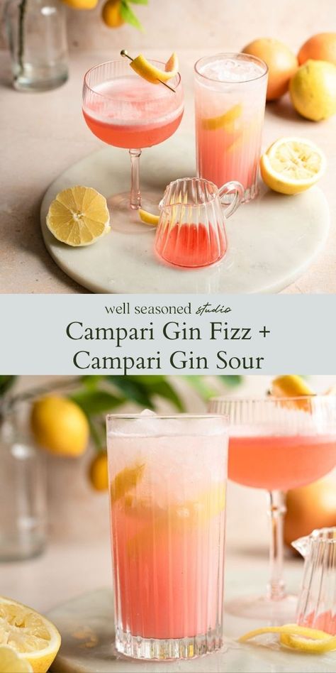 Cocktail Sour Recipe, Gin Campari Cocktail, Coupe Drinks, Campari Cocktail Recipes, Gin Sour Cocktail Recipes, Campari Recipes, Coupe Glass Cocktails, Club Soda Cocktails, Simple Gin Cocktails