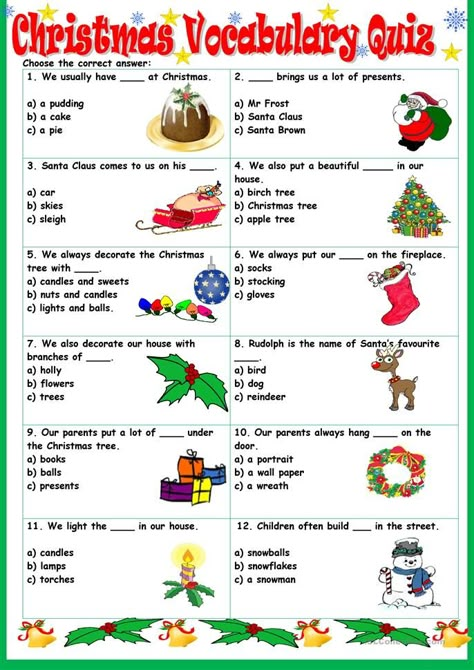 Christmas Vocabulary Quiz - English ESL Worksheets for distance learning and physical classrooms Christmas Elementary, Oppgaver For Barn, Christmas Classroom Treats, Ela Worksheets, Christmas Quiz, Vocabulary Quiz, Christmas Lesson, English Christmas, Christmas Worksheets