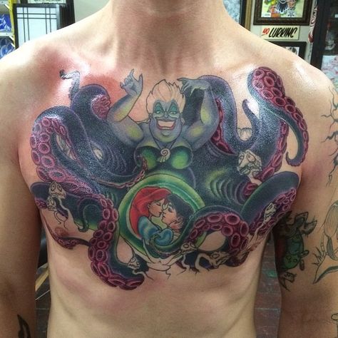 Looking good!!' @mtflesh is the man!! #disney #disneytattoos #waltdisney #littlemermaid #tattoos #holdfaststudio Ursula Tattoo, Disney Characters Tattoos, Lilies Tattoo, Tattoos Foot, Little Mermaid Tattoo, Tattoo Baby, Tattoos Rose, Tattoos Sleeve, Ribbon Tattoos