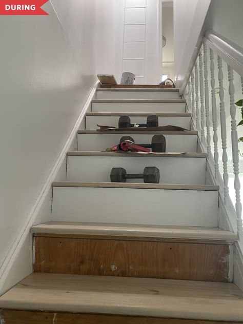 During: wood stairs with white painted risers, mid-project Stair Redo, Redo Stairs, Stairs Makeover Ideas, Carpeted Stairs, Stair Renovation, Stairs Renovation, Stairs Makeover, Oak Stairs, Stairway Design