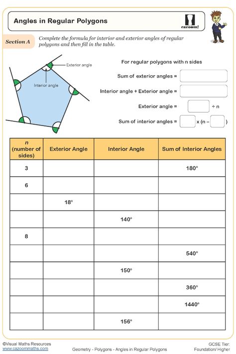 Angles in Regular Polygons Worksheet Interior Angles Of Polygons, Year 8 Maths Worksheets, Polygons Worksheet, Exterior Angles, Regular Polygon, Polygon Modeling, Maths Worksheets, Year 8, Math About Me