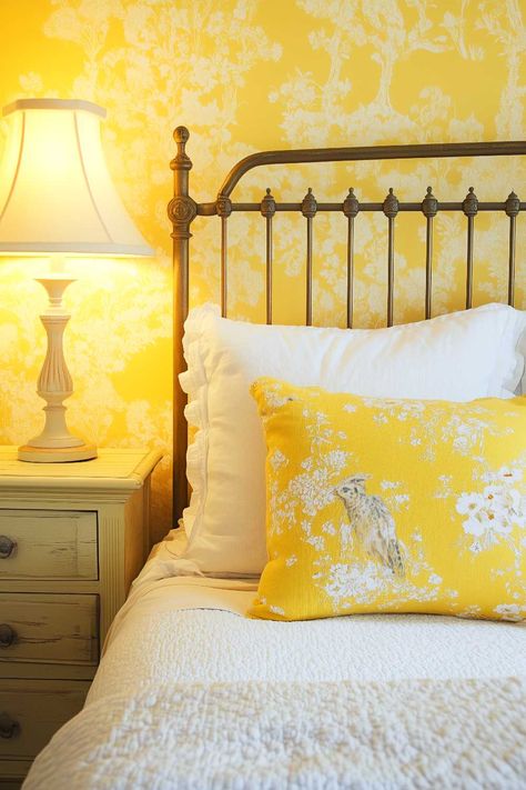 50+ Yellow Cozy Bedroom Aesthetic Ideas That Radiate Good Vibes Only Yellow Bedrooms, Yellow Bedroom Walls, Bedroom Aesthetic Ideas, Cozy Bedroom Aesthetic, Sunshine Vibes, Bedroom Walls, Yellow Bedroom, Aesthetic Ideas, Yellow Wallpaper