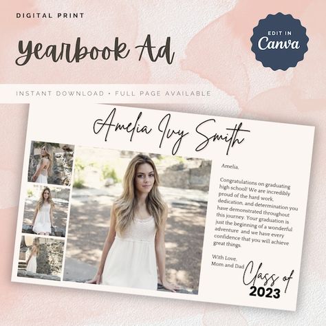 IvyLotusDesigns - Etsy Senior Yearbook Page From Parents, Senior Add From Parents, Senior Yearbook Ads From Parents For Daughter, Senior Yearbook Ads From Parents, Yearbook Ads From Parents, Yearbook Messages From Parents, Senior Yearbook Ad Template, Yearbook Ad Template, Senior Yearbook Ads