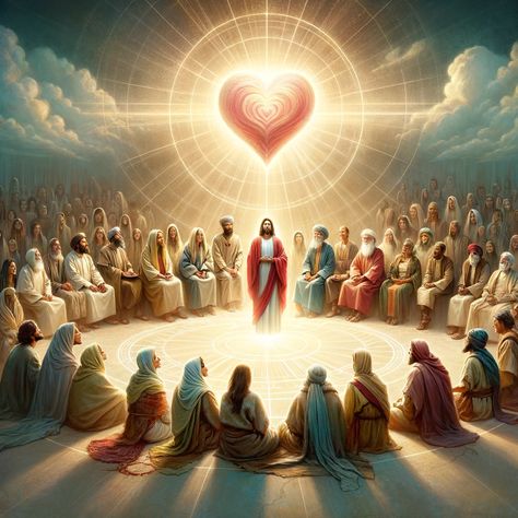 An illustration showcasing the concept of unconditional and sacrificial love as exemplified by Jesus. The image features a diverse group of people from various backgrounds, each with unique features and attire, representing different walks of life. They are gathered around a symbolic representation of love, such as a heart or a gentle light, emanating warmth and compassion. The scene is set in... Jesus Walking With Me, Jesus And Me Illustration, Jesus And Me, Jesus Illustration, Sacrificial Love, Diverse Group Of People, Jesus Love Images, Jesus Christ Illustration, Relationship Prayer