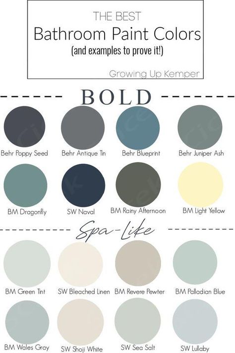 Bathroom Paint Colors // Bold Bathroom Paint Colors // Spa-Like Bathroom Paint Colors Muted Bathroom Colors, Monochromatic Bathroom Gray, Minimalist Bathroom Paint Colors, Washroom Paint Ideas, Fun Bathroom Paint Ideas, Restroom Color Ideas Paint, Masculine Bathroom Colors, Kids Bathroom Paint Colors, Bathroom Wall Color Ideas