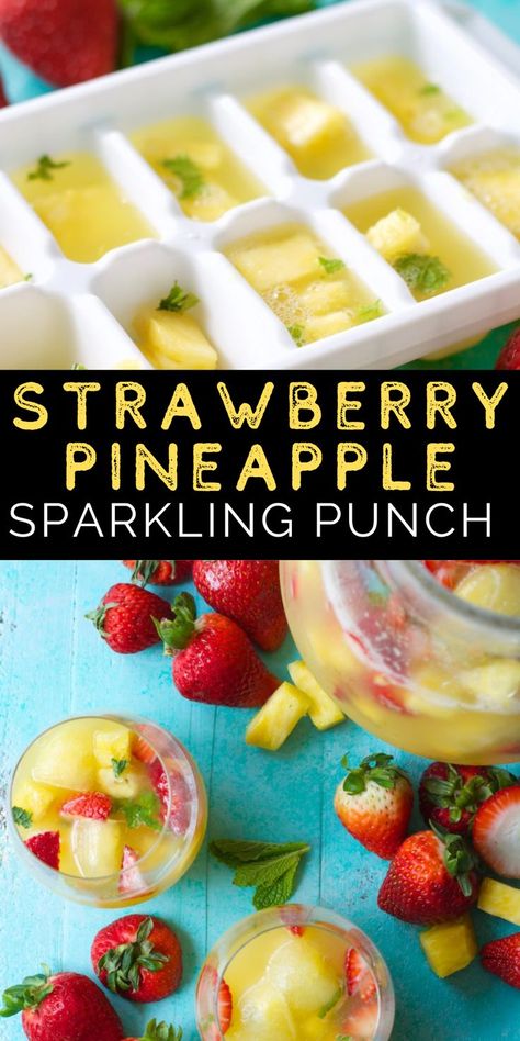 Try this Sparkling Strawberry Pineapple Punch for your next party! Sweet pineapple juice is paired with bubbly ginger ale, fresh fruit, and mint for a refreshing non-alcoholic punch! Strawberry Pineapple Punch, Party Main Dish, Mint Drink, Holiday Fruit, Sugar Free Drinks, Pineapple Punch, Pineapple Strawberry, Strawberry Mint, Best Party Food