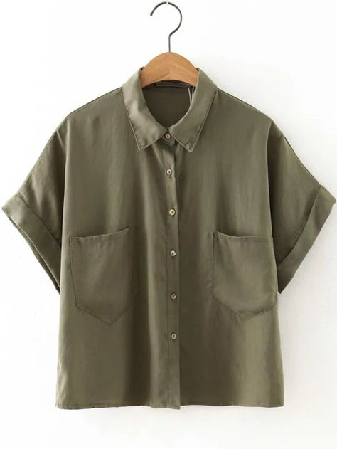 Green Blouses For Women, Army Green Blouse, Office Clothes, Button Blouse, Trendy Fashion Tops, Wardrobe Update, Looks Street Style, Green Button, Moda Vintage