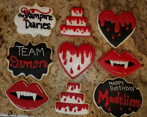 @nursingyoursugarfix Etsy.com/shop/nursingyoursugarfix Vampire Cookies Decorated, Vampire Diaries Party Food, Vampire Diaries Cookies Decorated, Vampire Cookies, Vampire Diaries Cookies, Twilight Cookies, The Vampire Diaries Birthday, Vampire Teeth Cookies, Sugar Cookie Designs