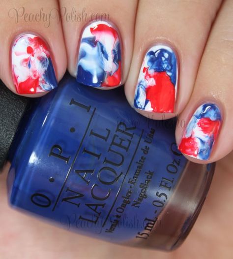 Red, white, and blue nail art ideas for Memorial Day and the 4th of July! Water marble red, white, and blue polish for a look that will have your friends asking you to do their nails next. Americana Nails, 4th Nails, Fly Nails, Patriotic Nails Design, Painting Nails, Patriotic Nails, Pedicure Ideas, Nails Opi, Summer Acrylic