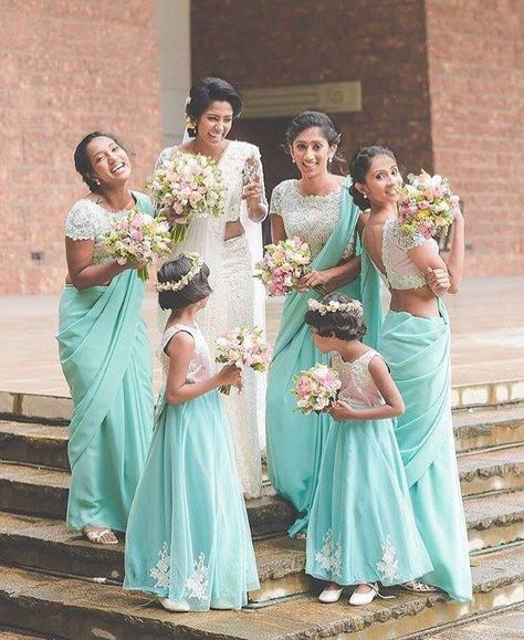 Beautiful #pastels! Bridesmaid Dresses Kerala Christian, Bridesmaids Saree, Wedding Dress Indian, Indian Wedding Bridesmaids, Christian Wedding Dress, Srilankan Wedding, Bridesmaid Sarees, Bride Maids, Bride Reception Dresses