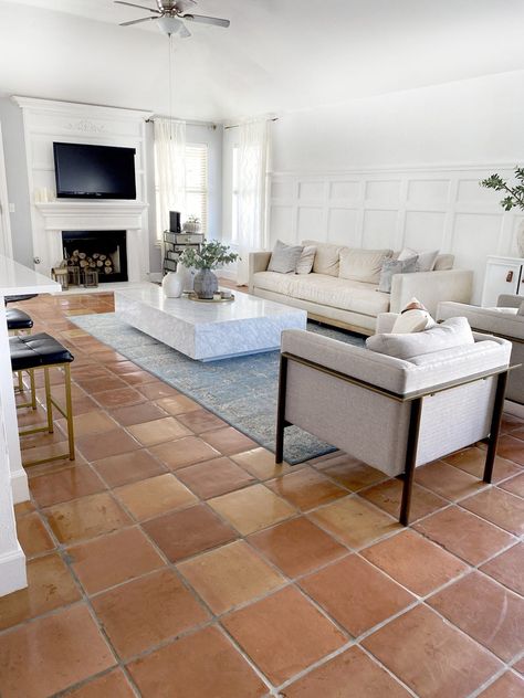 10 Colors That Work With Saltillo Tile | Hunker Mexican Tile Floor Living Room, Saltillo Tile Floor Living Room, Saltillo Tile Living Room, Terracotta Tiles Living Room, Saltillo Tile Kitchen, Terracotta Tiles Kitchen, Mexican Living Room, Spanish Floor Tile, Mexican Tile Floor