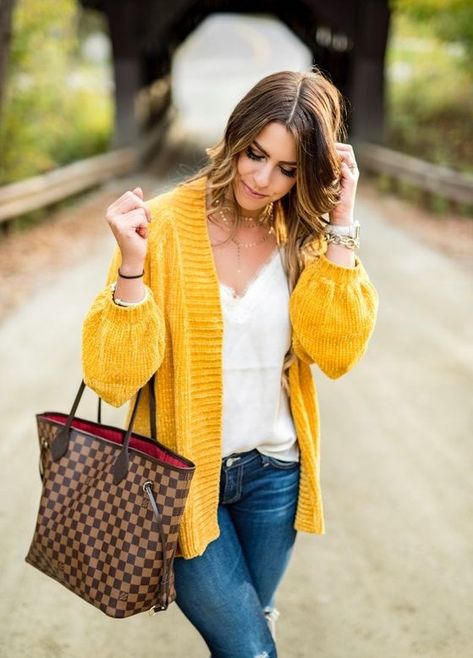 What To Wear With Mustard Yellow Cardigans https://outfitideashq.com/what-to-wear-with-mustard-yellow-cardigans/ Yellow Cardigan Outfit, Yellow Cardigan Outfits, Cardigan Outfit Ideas, Mustard Yellow Cardigan, Cardigan Fall Outfit, Mustard Cardigan, White Camisole, Stowe Vermont, Below The Knee Dresses