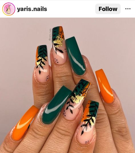 Overlay Manicure, Fall Nails Gold, Orange Chrome Nails, Nail Art Abstract, Long Nails Coffin, Orange Nail Design, Nails Emerald, Manicure Gel Nails, Nail Inspo Trendy