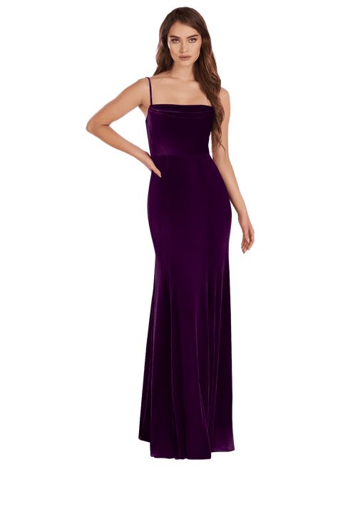 Solange is our gorgeous bridesmaid dress cut from velvet. She features a cowl neckline with pleated detailing and spaghetti straps. The look is complete with a floor length figure-hugging mermaid skirt. Dark Purple Velvet Bridesmaid Dresses, Purple Velvet Dress Long, Jewel Tone Dresses Formal, Plum Velvet Dress, Formal Purple Dress, Velvet Purple Dress, Deep Purple Bridesmaid Dresses, Bridesmaid Dresses Purple, Eggplant Bridesmaid Dresses