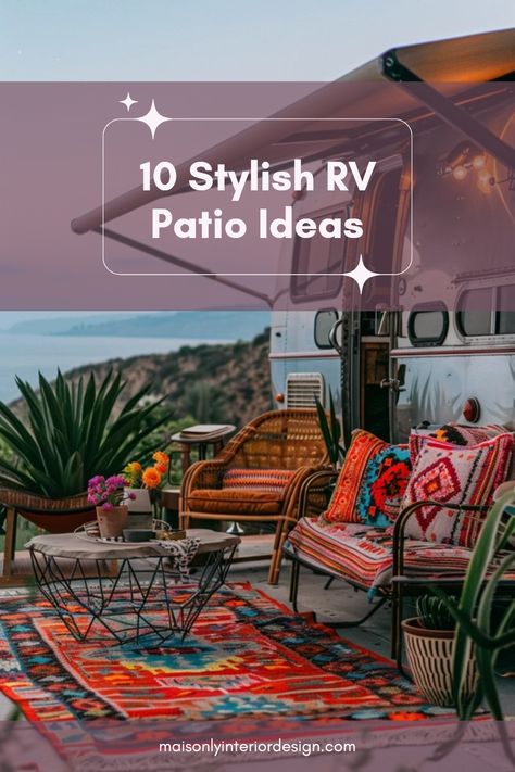 Explore 10 stylish RV patio ideas with a focus on creating inviting outdoor spaces. This pin highlights practical tips for decor and layout, enhanced with outdoor furniture selections for camping enthusiasts. Outdoor Rv Patio Ideas, Rv Patio Ideas, Chic Outdoor Furniture, Practical Decor, Rv Patio, Camping Lifestyle, Cozy Lighting, Diy Pallet Sofa, Porch Windows